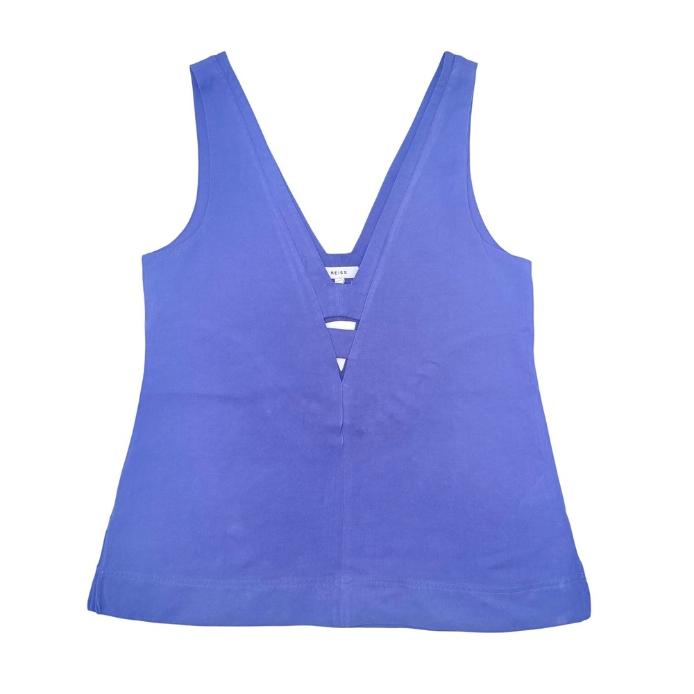 Reiss Emi Blue Linen Blend Sleeveless Tank Top Deep V Ladder Cutout US 8 EU 36